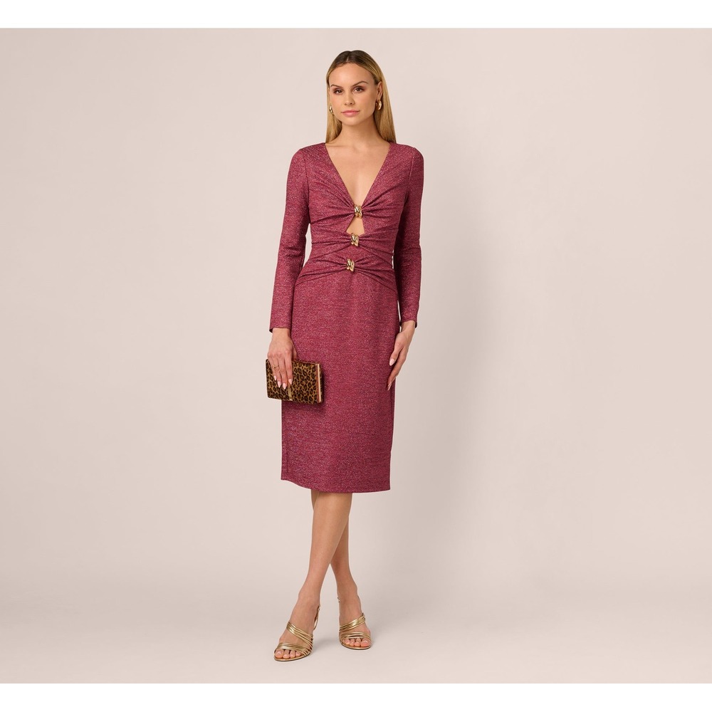 NWT Adrianna Papell Maroon Metallic Gold Midi Dress Size 2 $189 retail